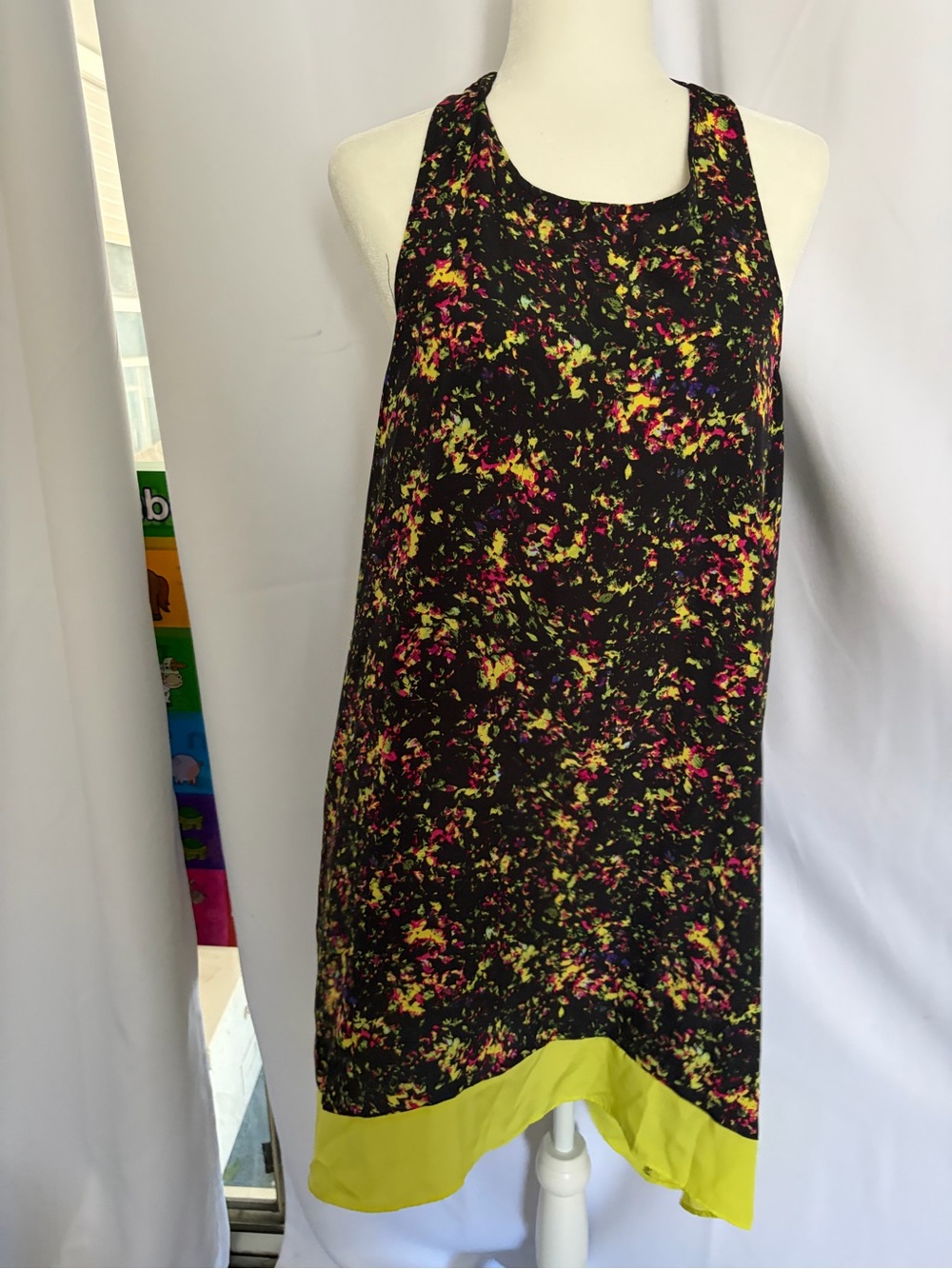 Xhilaration Black Floral Print Dress with Bright Lime Hem